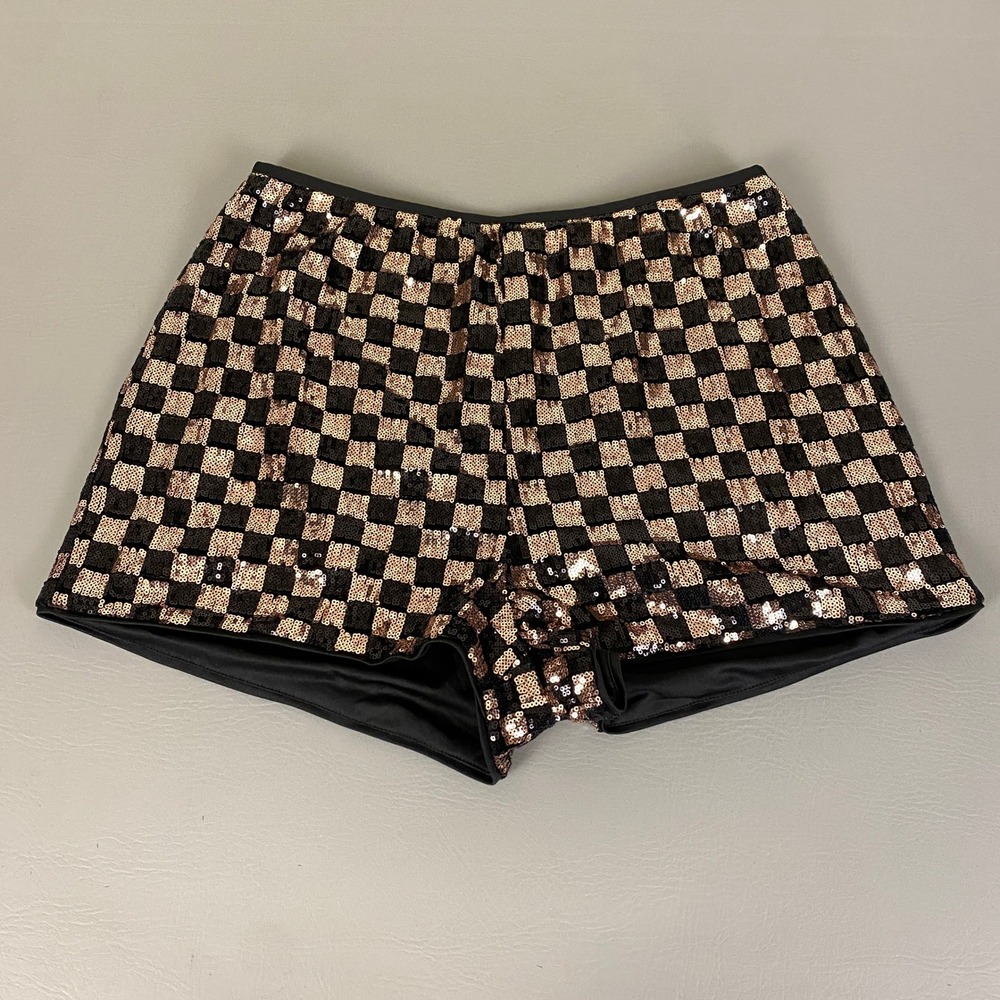 Black and Rose Gold Sequin Checkered Bike Shorts - Women's